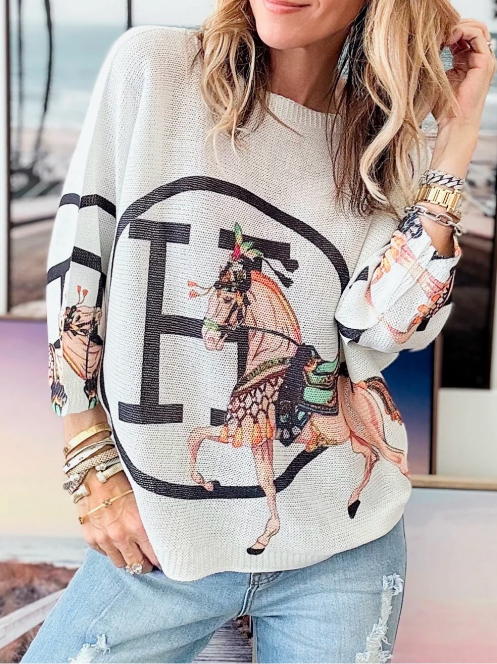 The Hunt Italian St. Tropez Horse Print Knit Sweater One Size Made in Italy